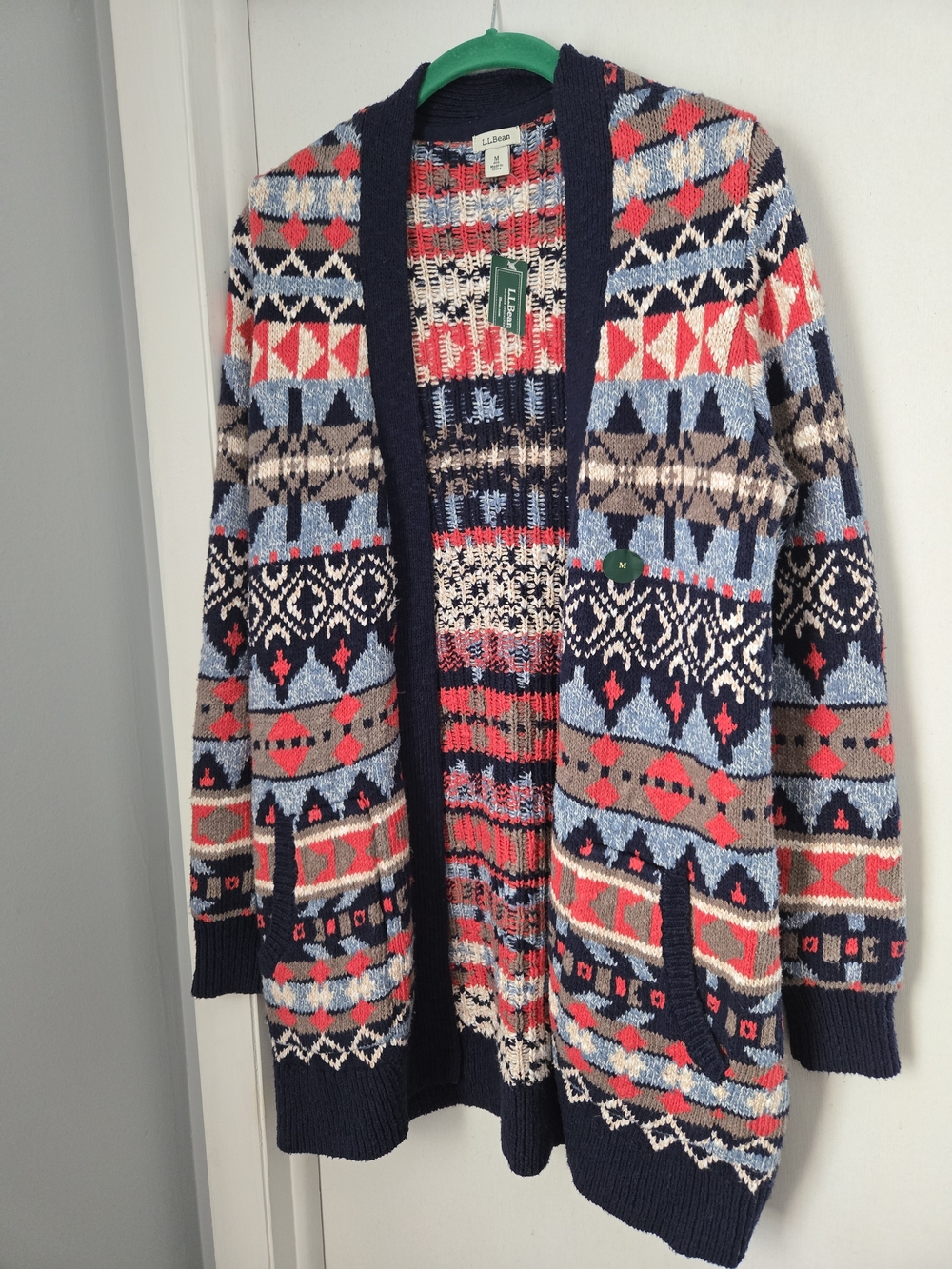 L.L. Bean Navy Multicolor Fair Isle Open Cardigan 100% Cotton